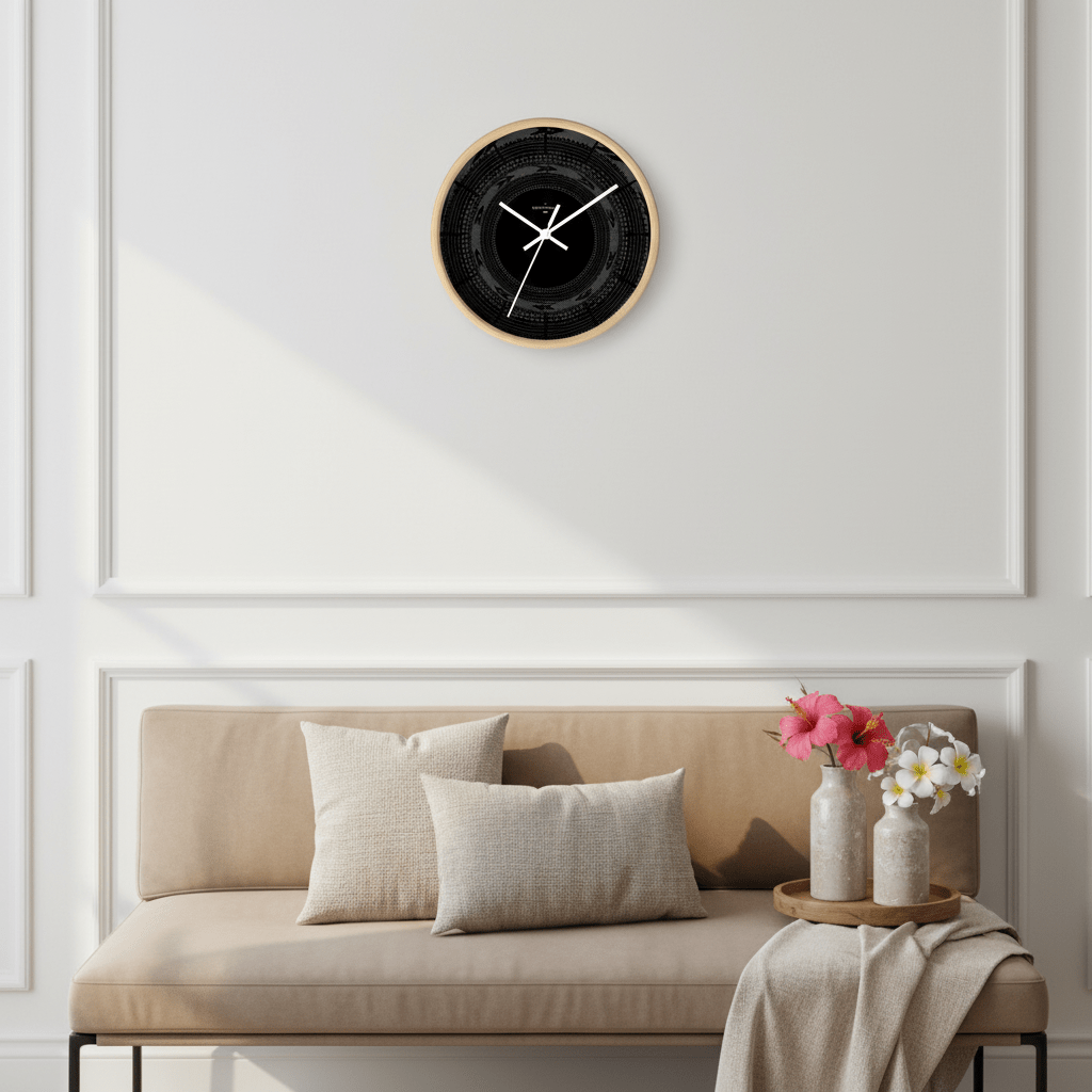 Black 10-inch wall clock featuring Pe'a design, ideal for home decor, suitable for AU/NZ/USA settings.