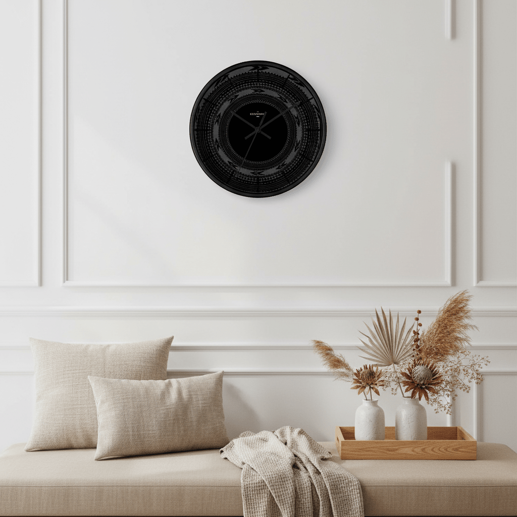 Black 10-inch wall clock with Pe'a design, suitable for AU, NZ, and US home decor.