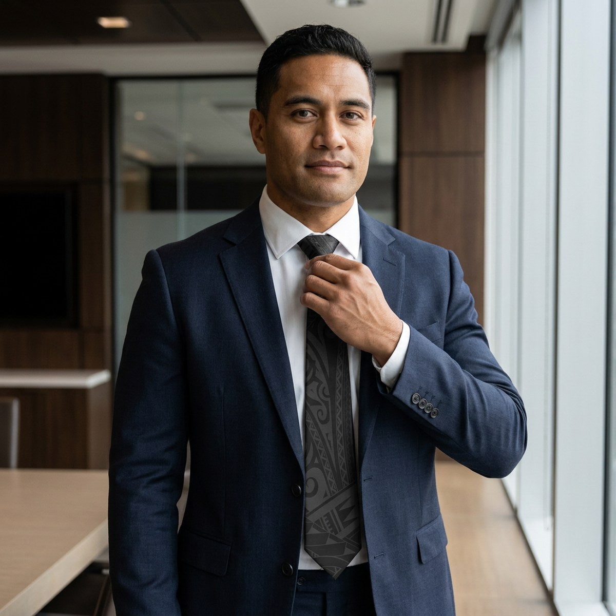 Man in navy suit wearing the Warrior black Samoan tatau necktie