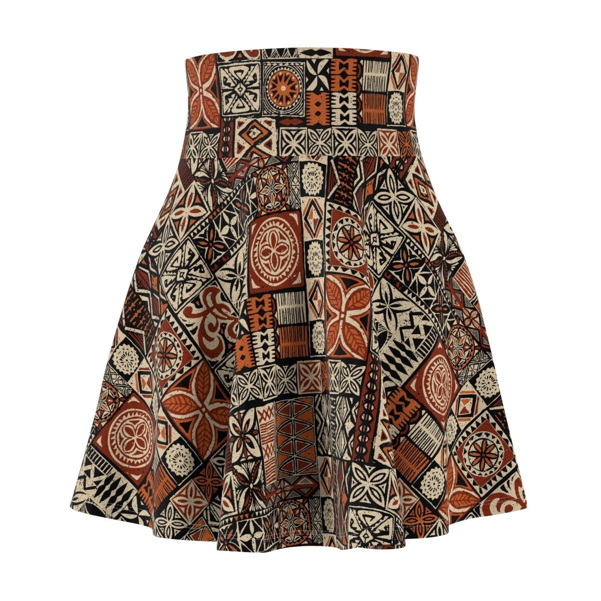 Women's Elei print skater skirt, featuring vibrant traditional Polynesian patterns and a flared silhouette.