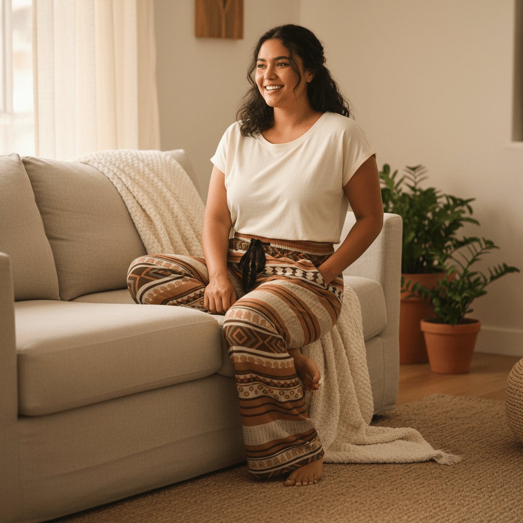 Women's Siapo pajama pants, featuring traditional patterned fabric, comfortable fit, and relaxed style.