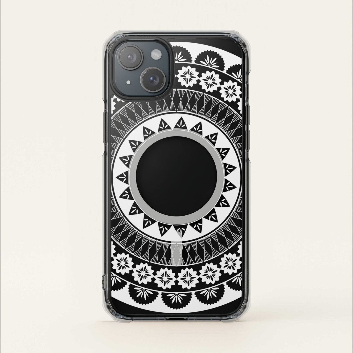 PasifikaOne MagSafe clear case for iPhone 16 featuring Fiji design, transparent cover showcasing the phone and case details.