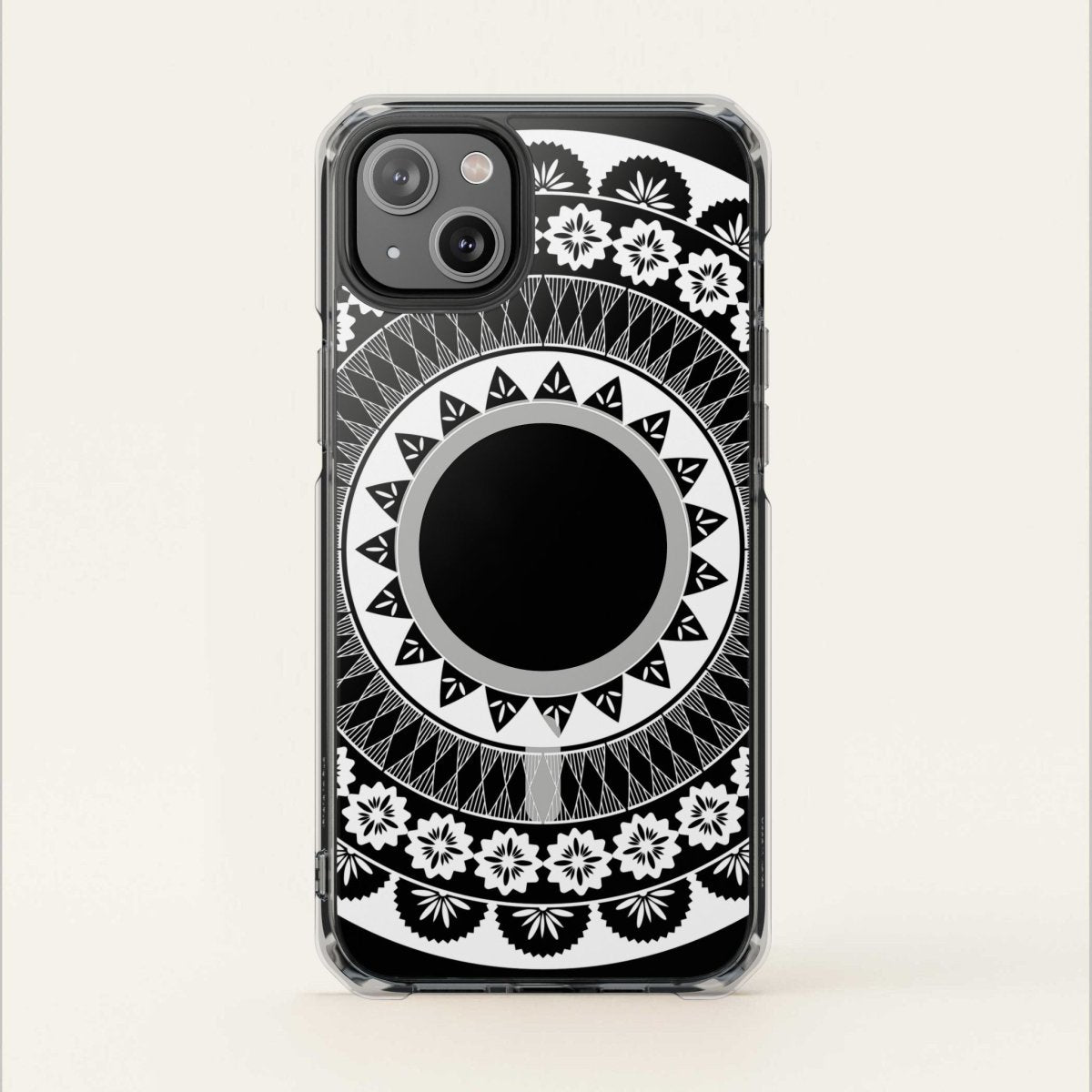 PasifikaOne MagSafe clear case for iPhone 16 featuring Fiji design, transparent cover showcasing phone and tropical pattern.