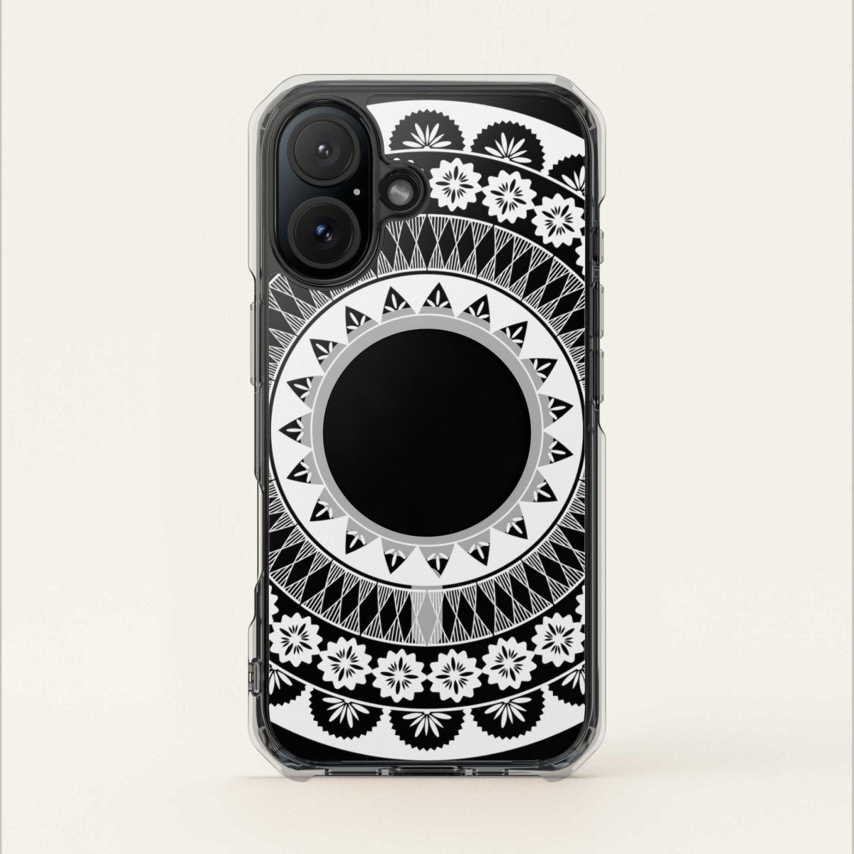 PasifikaOne MagSafe clear case for iPhone 16 featuring Fiji design, transparent cover showcasing the phone's back.