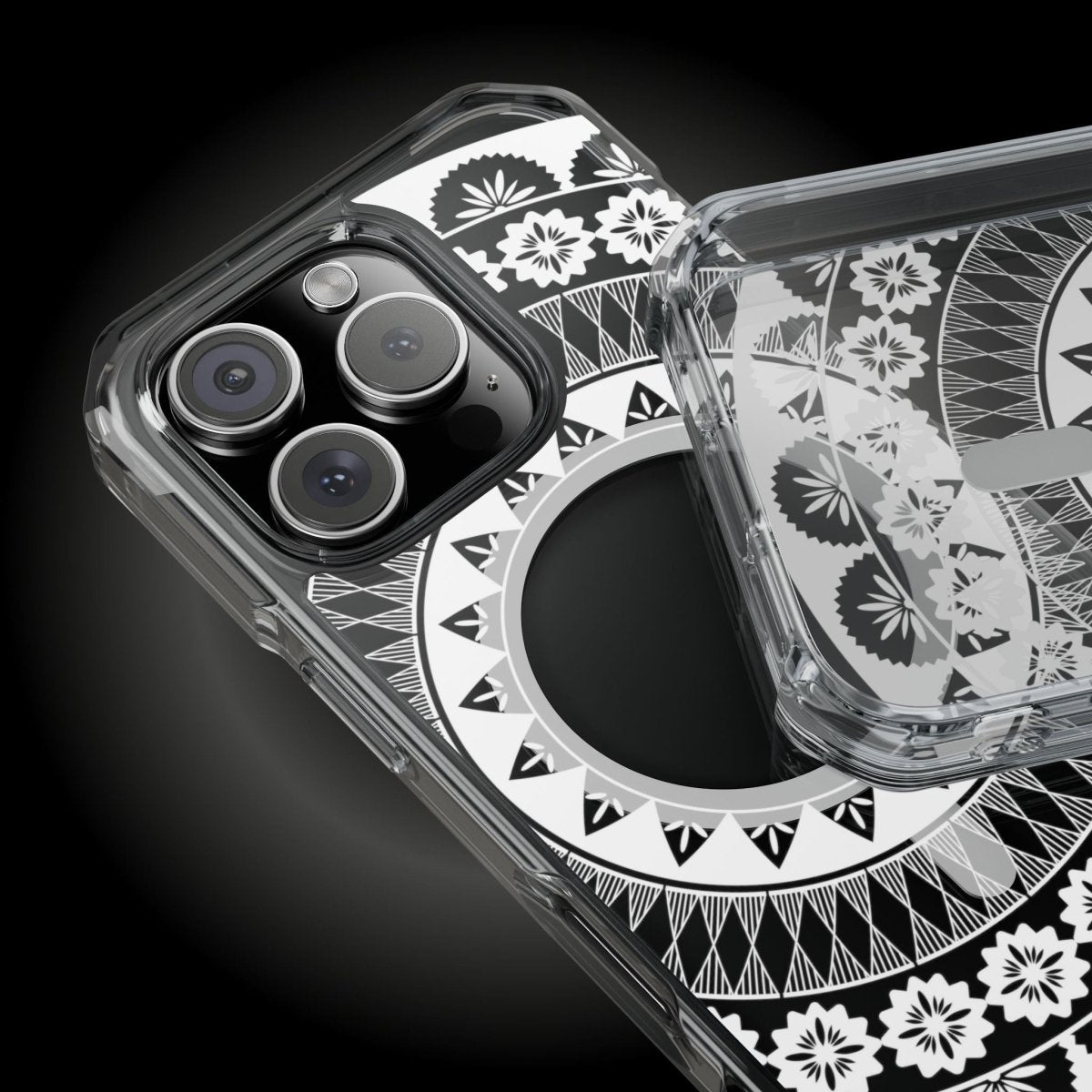 PasifikaOne MagSafe clear case for iPhone 16, transparent design with Fiji-themed pattern, compatible with AU, NZ, and USA regions.