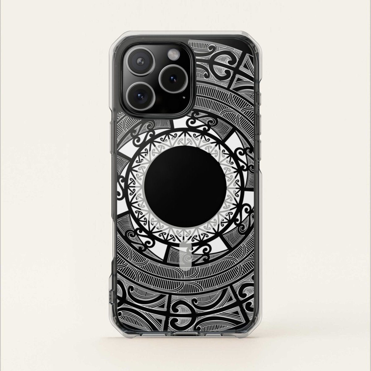 PasifikaOne MagSafe clear case for iPhone 16 featuring Māori design, transparent protection, compatible with AU, NZ, and USA models.