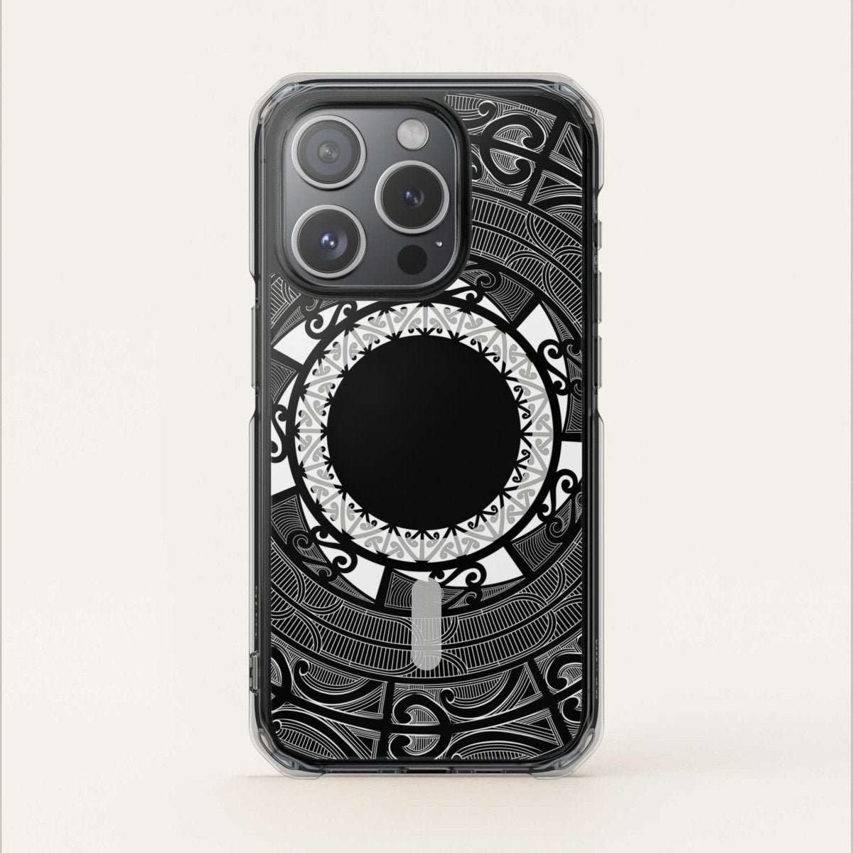 PasifikaOne MagSafe clear case for iPhone 16 featuring Māori-inspired design, transparent protective cover with MagSafe compatibility.