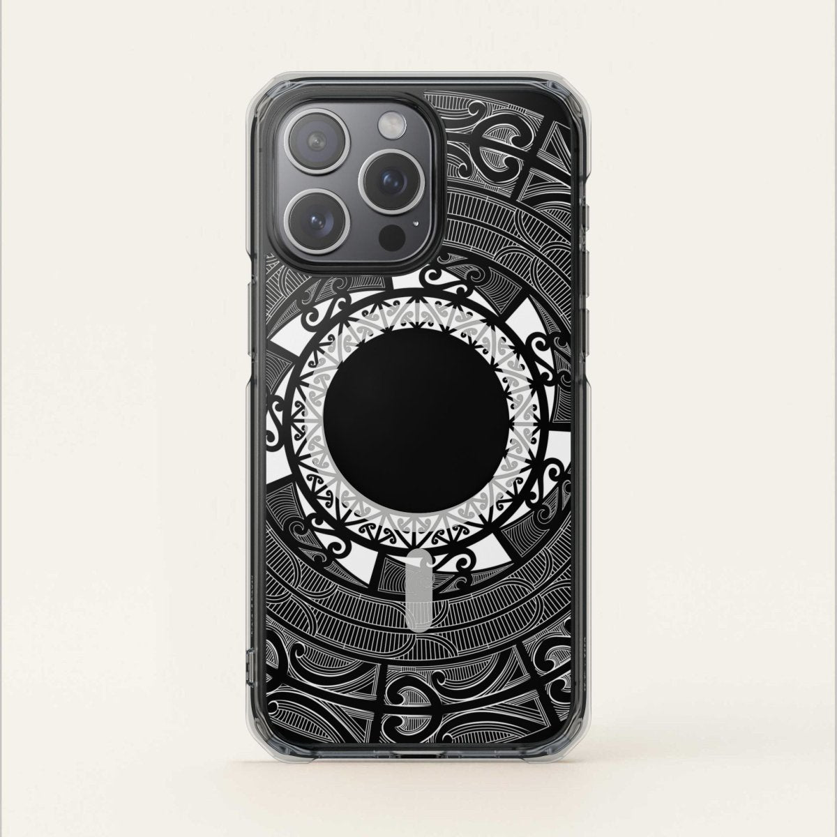 PasifikaOne MagSafe clear case for iPhone 16 featuring Māori design, transparent protective cover with magnetic compatibility.