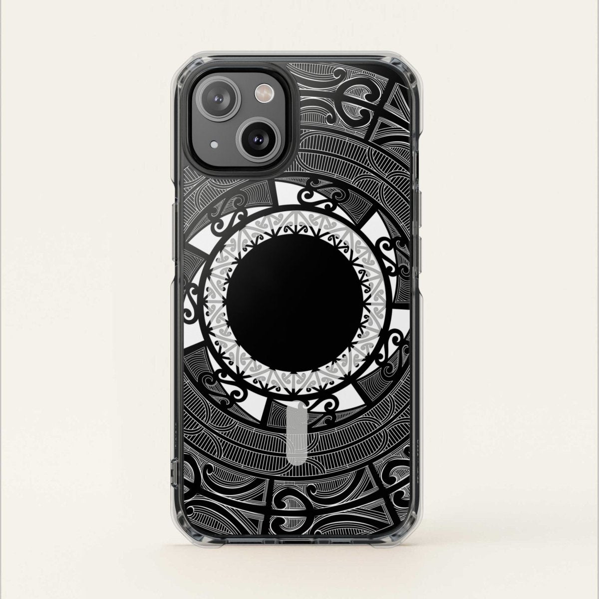 PasifikaOne MagSafe clear case for iPhone 16 featuring Māori design, transparent protective cover with MagSafe compatibility.