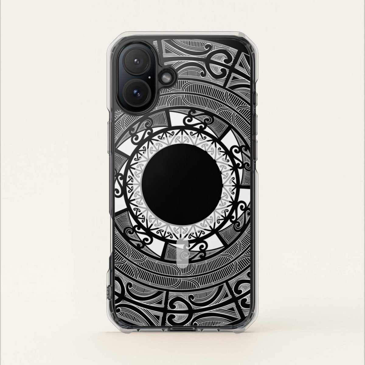 PasifikaOne MagSafe clear case for iPhone 16 with Māori design, transparent protective cover, compatible with AU, NZ, and USA models.