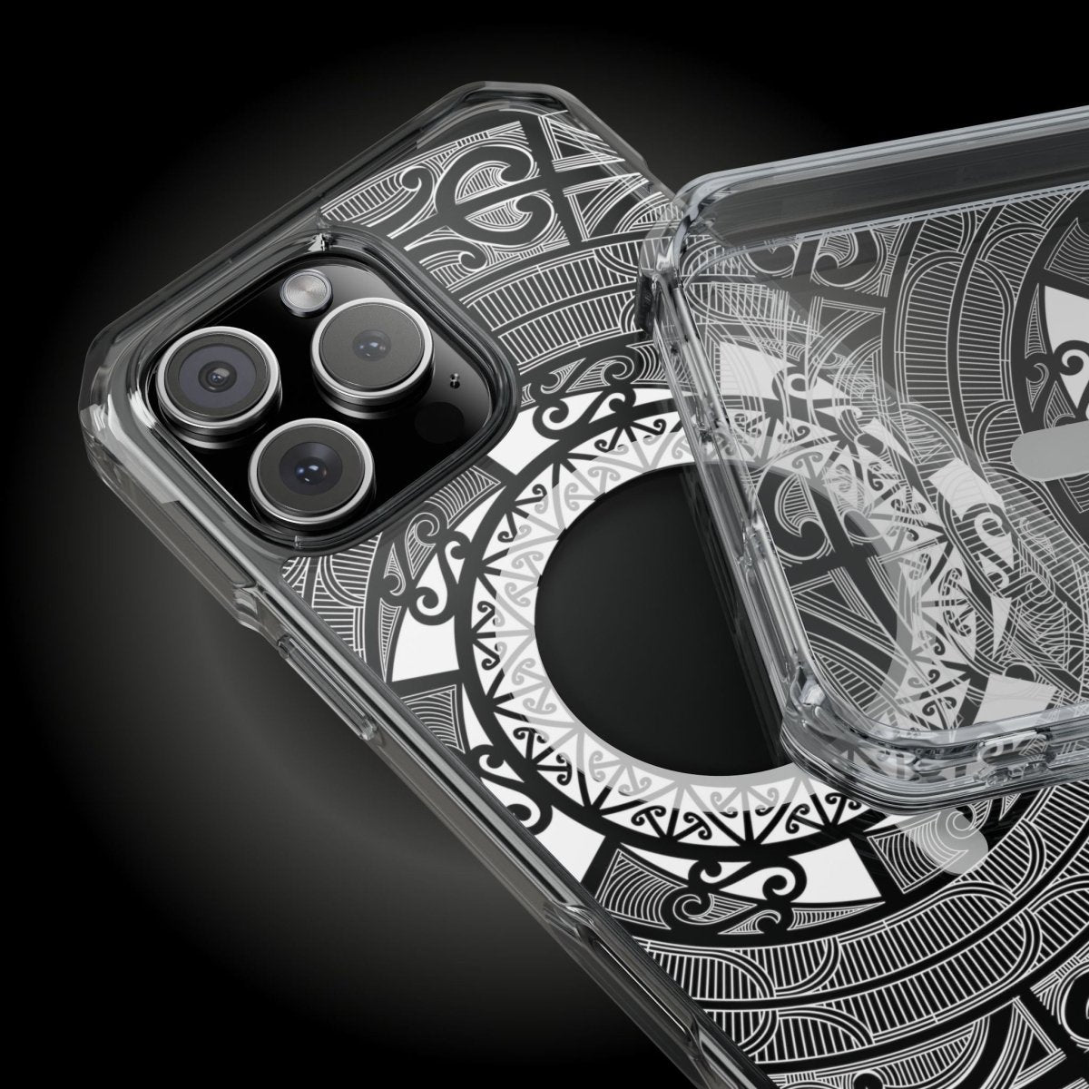 PasifikaOne MagSafe clear case for iPhone 16 featuring Māori design, transparent protective case with MagSafe compatibility.