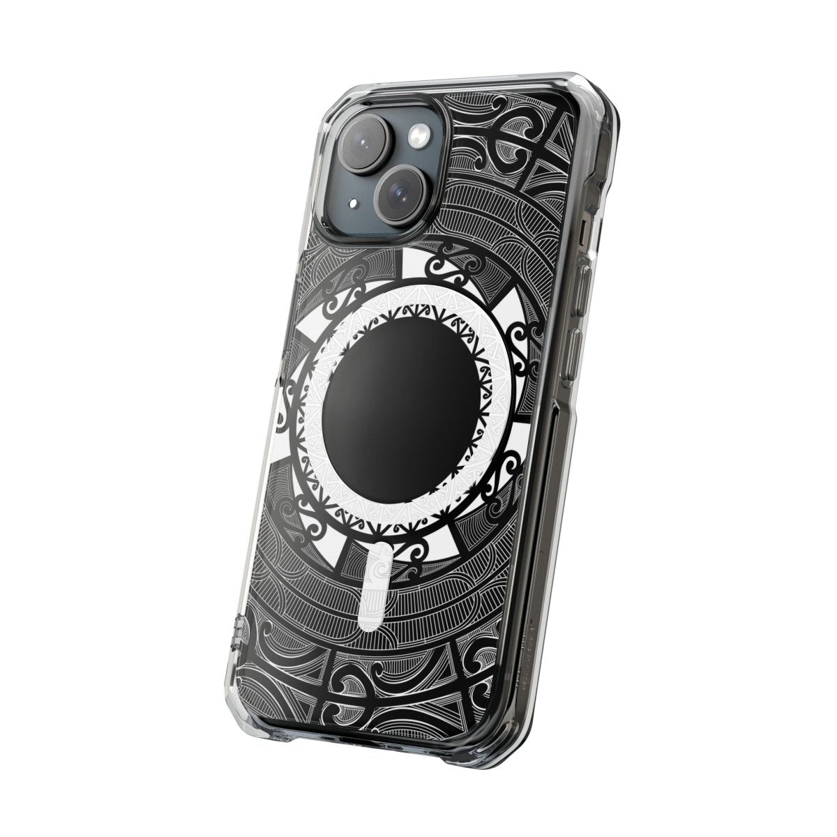 PasifikaOne MagSafe clear case for iPhone 16 featuring Māori-inspired design, transparent protective cover with magnetic compatibility.
