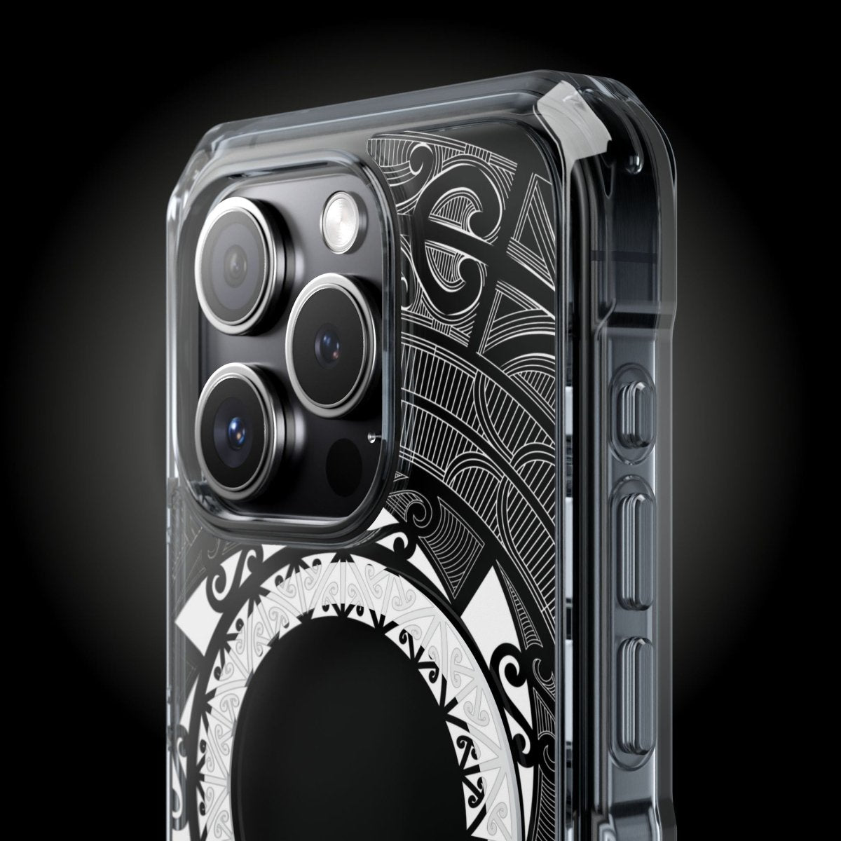 PasifikaOne MagSafe clear case for iPhone 16 featuring Māori-inspired design, transparent protective cover with MagSafe compatibility.