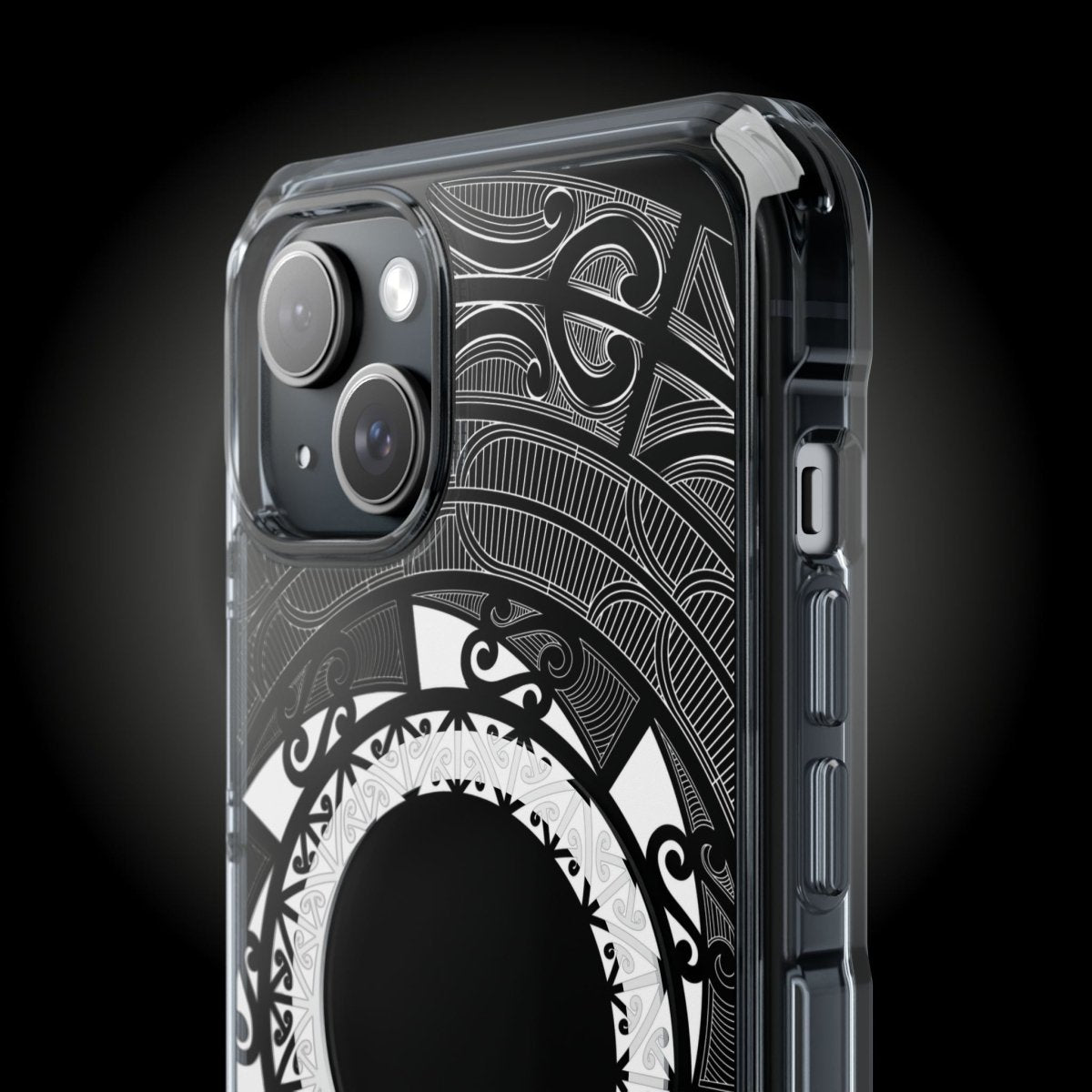 PasifikaOne MagSafe clear case for iPhone 16 featuring Māori design, transparent protection, compatible with AU, NZ, and USA models.