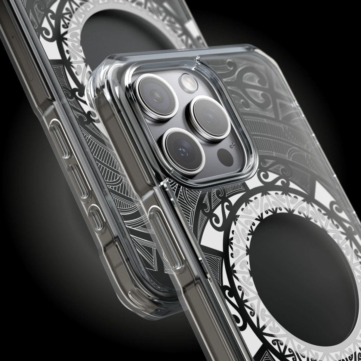 PasifikaOne MagSafe clear case for iPhone 16 with Māori design, transparent protective cover for MagSafe compatibility.