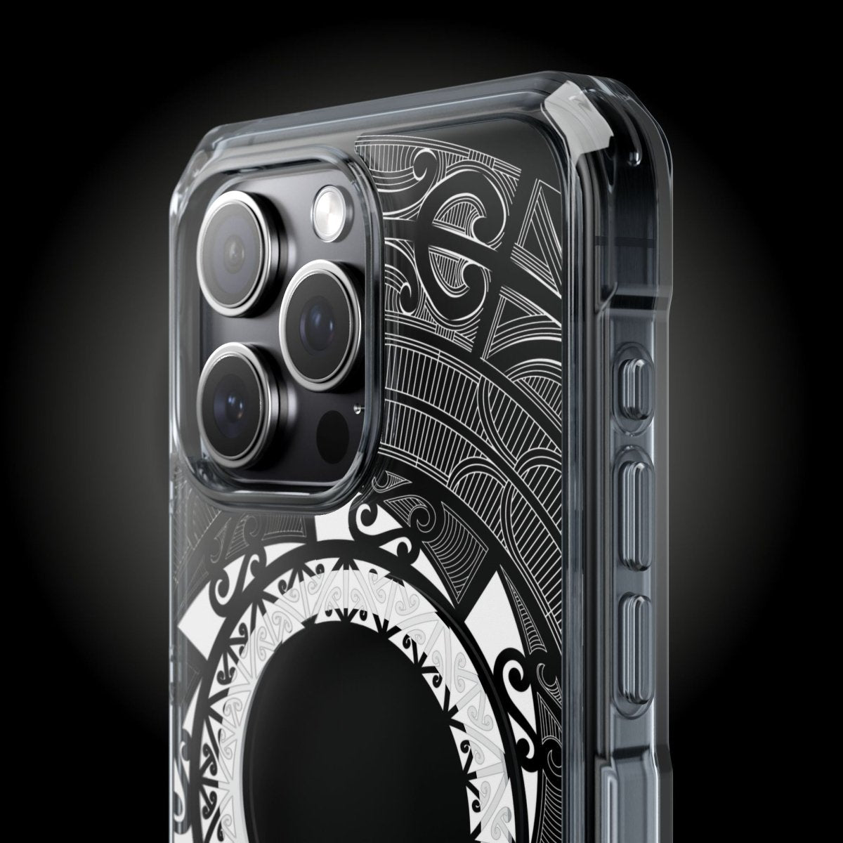 PasifikaOne MagSafe clear case for iPhone 16, featuring Māori design, transparent cover, compatible with AU, NZ, and USA models.