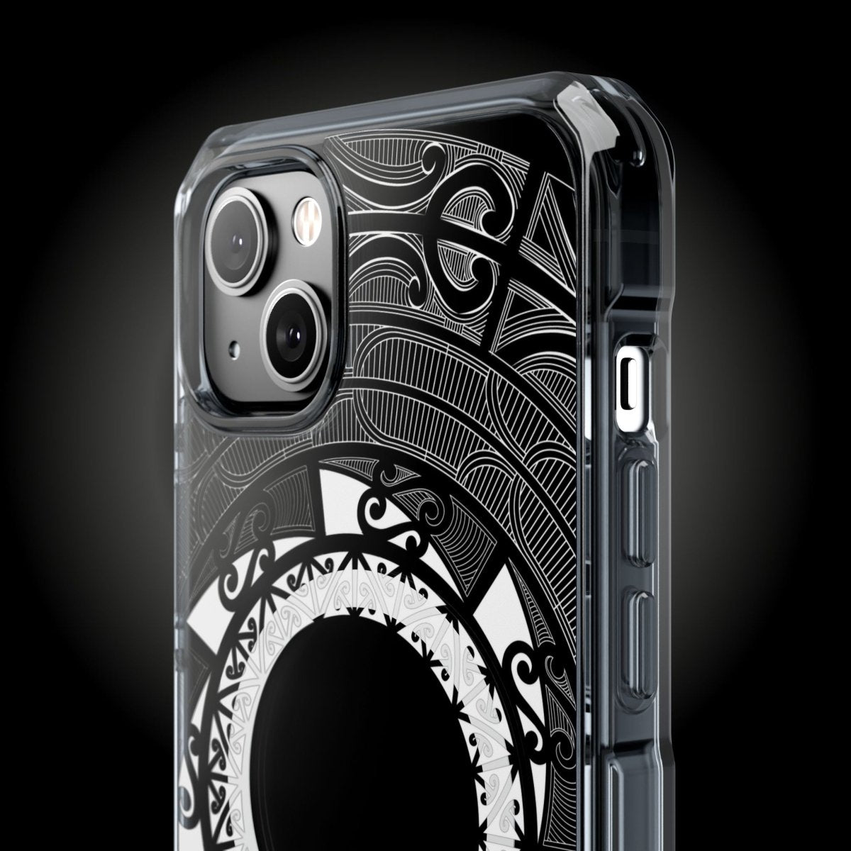 WOYC PasifikaOne MagSafe clear case for iPhone 16 featuring Māori design, transparent protective cover with MagSafe compatibility.