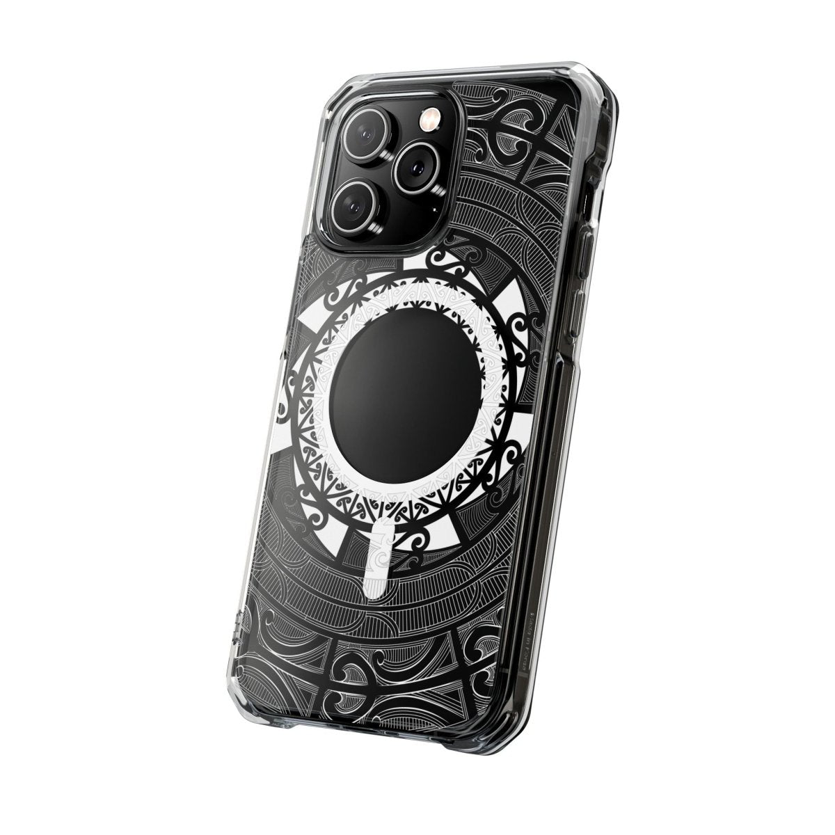 WOYC PasifikaOne MagSafe clear case for iPhone 16 featuring Māori design, transparent protective cover with MagSafe compatibility.