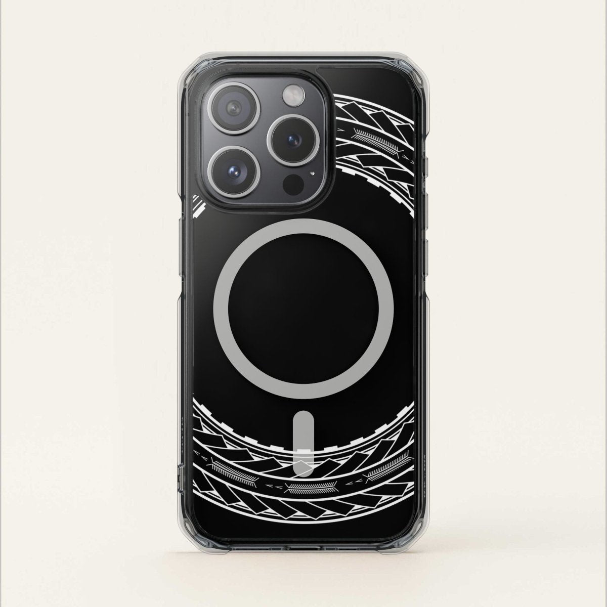 PasifikaOne MagSafe iPhone ClearCase with Samoan Arrows design, transparent Magsafe case for iPhone 16.