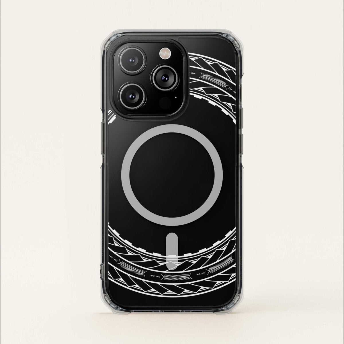 PasifikaOne MagSafe clear case for iPhone 16 featuring Samoan Arrows design, transparent protective cover with magnetic attachment