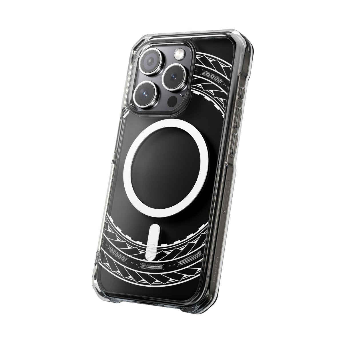 PasifikaOne MagSafe iPhone clear case with Samoan Arrows design, compatible with iPhone 16, AU/NZ/USA versions.