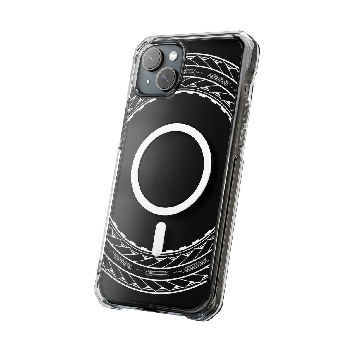 PasifikaOne MagSafe clear case for iPhone 16 with Samoan arrows design, featuring a transparent protective cover.