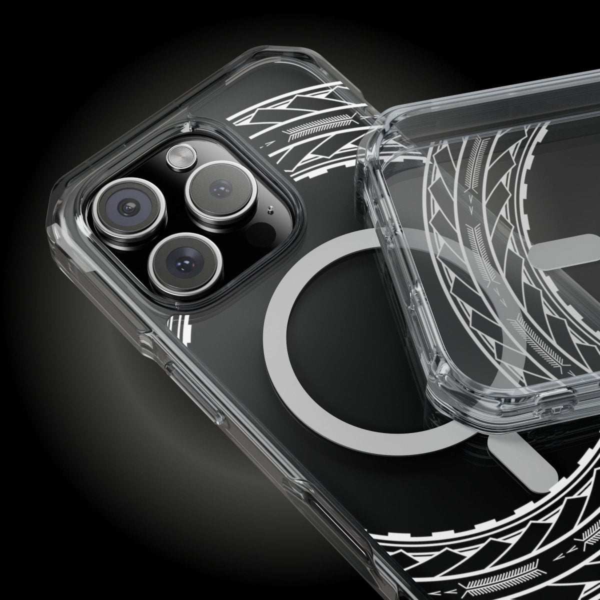 WOYC PasifikaOne MagSafe iPhone clear case with Samoan arrows design, compatible with iPhone 16, AU/NZ/USA versions.