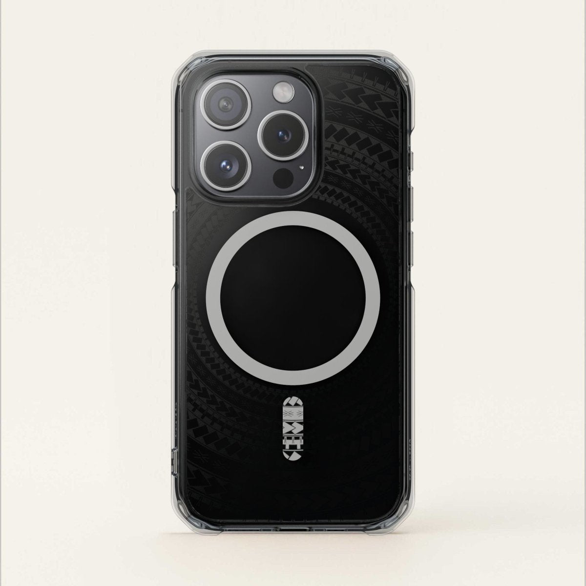 PasifikaOne MagSafe iPhone clear case in Samoan Black for iPhone 16, showcasing a transparent design with black accents.