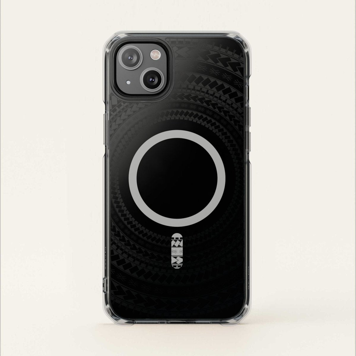 PasifikaOne MagSafe clear case for iPhone 16 in Samoan Black, transparent design showcasing the phone's back.