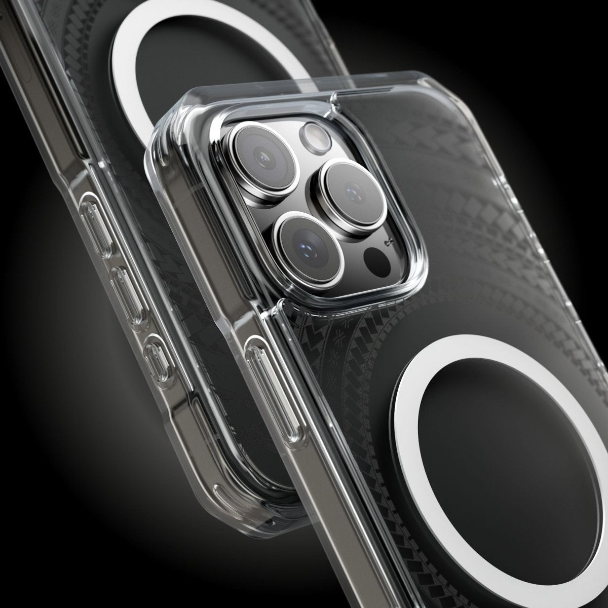 PasifikaOne MagSafe clear case for iPhone 16 in Samoan Black, showcasing a transparent design with black accents.