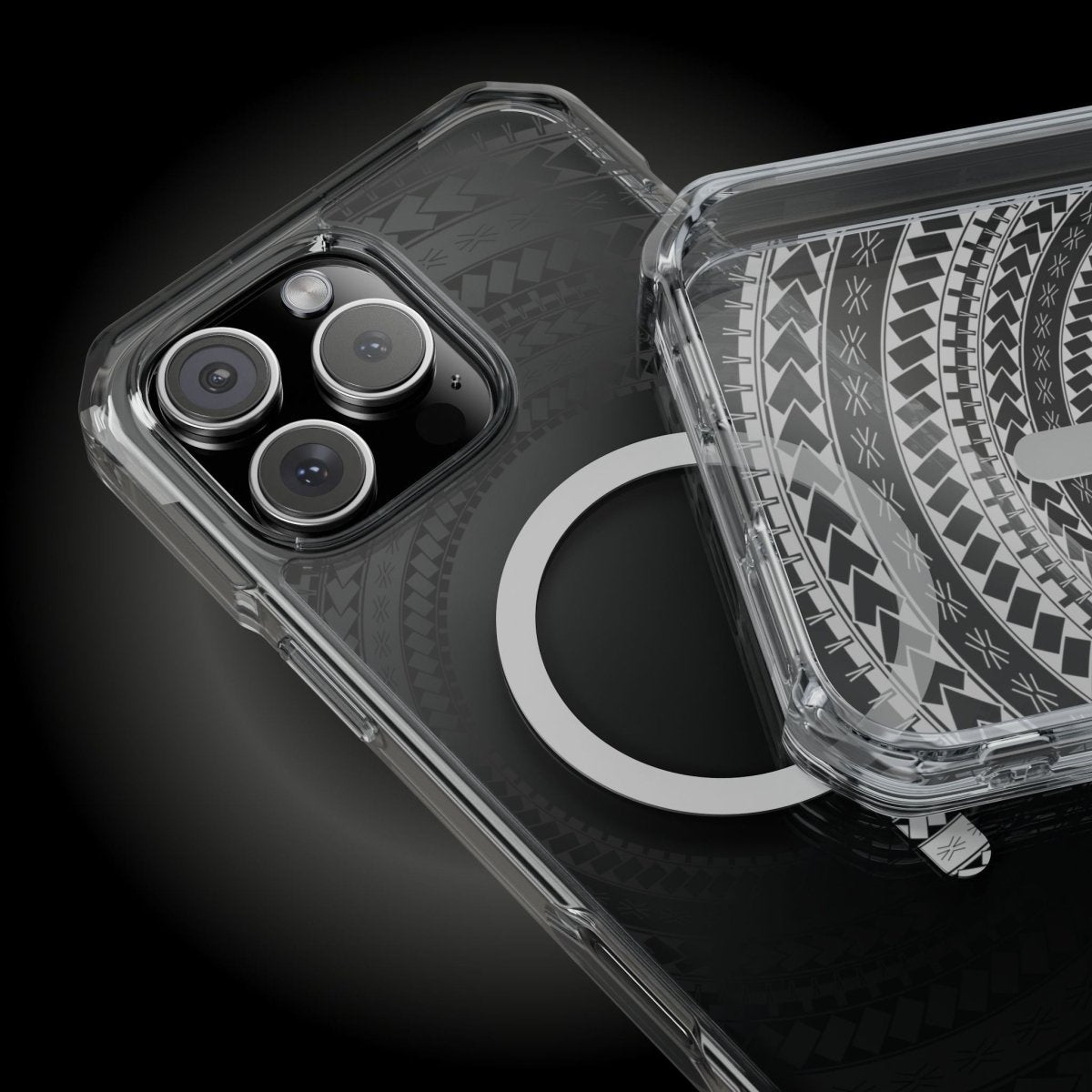 PasifikaOne MagSafe clear case for iPhone 16 featuring Samoan black design, showcasing its transparent protective cover.