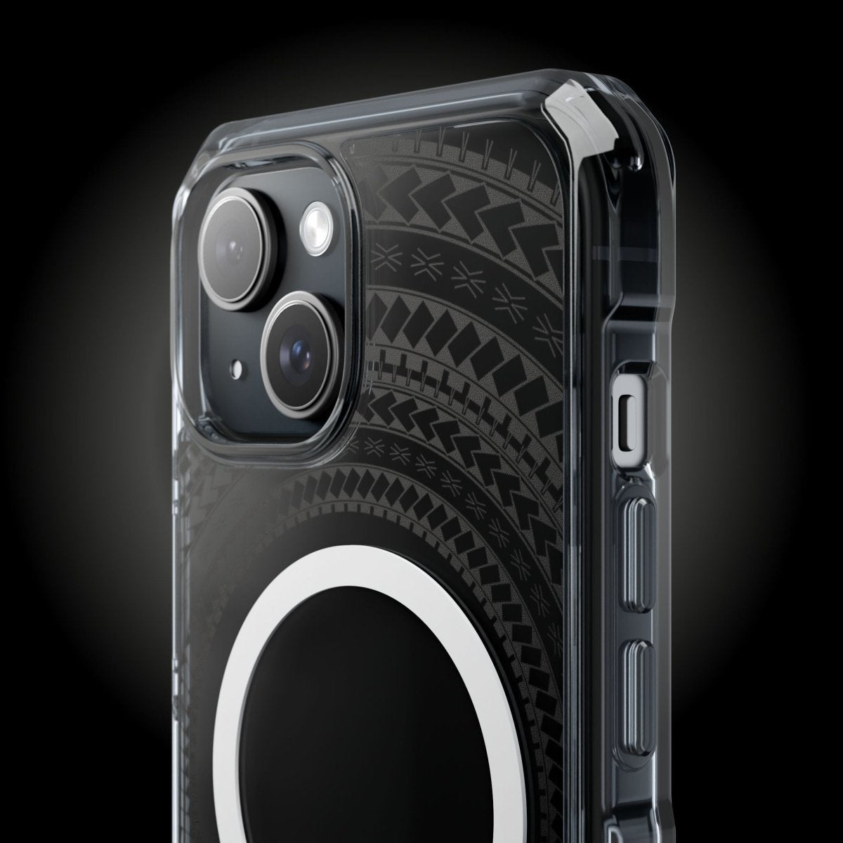 PasifikaOne MagSafe clear case for iPhone 16 in Samoan Black with transparent design and MagSafe compatibility.
