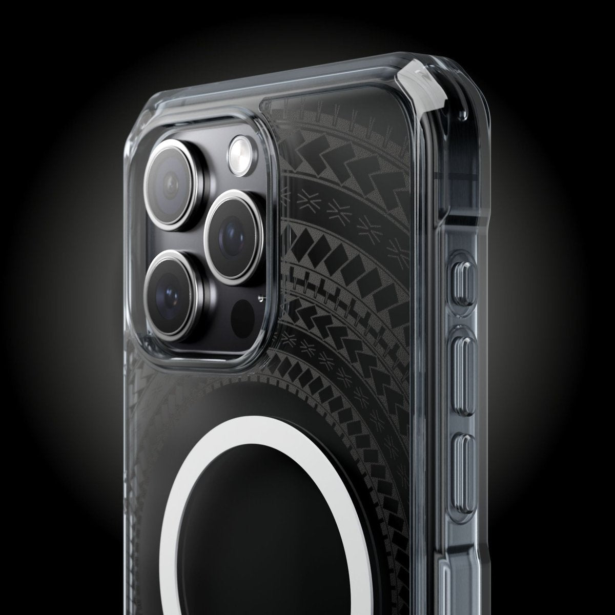 PasifikaOne MagSafe clear case for iPhone 16 featuring Samoan Black design, transparent protective cover.