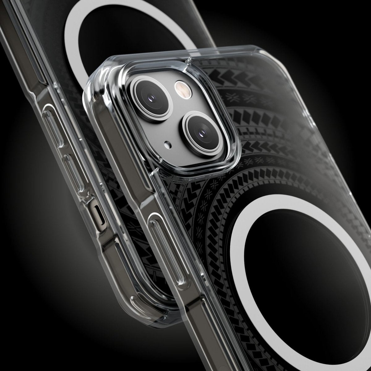 WOYC PasifikaOne MagSafe clear case for iPhone 16 in Samoan Black, showcasing transparent design with black accents.