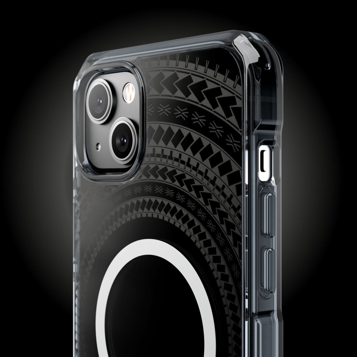 WOYC PasifikaOne MagSafe clear case for iPhone 16, featuring Samoan Black design, transparent protective Magsafe case.