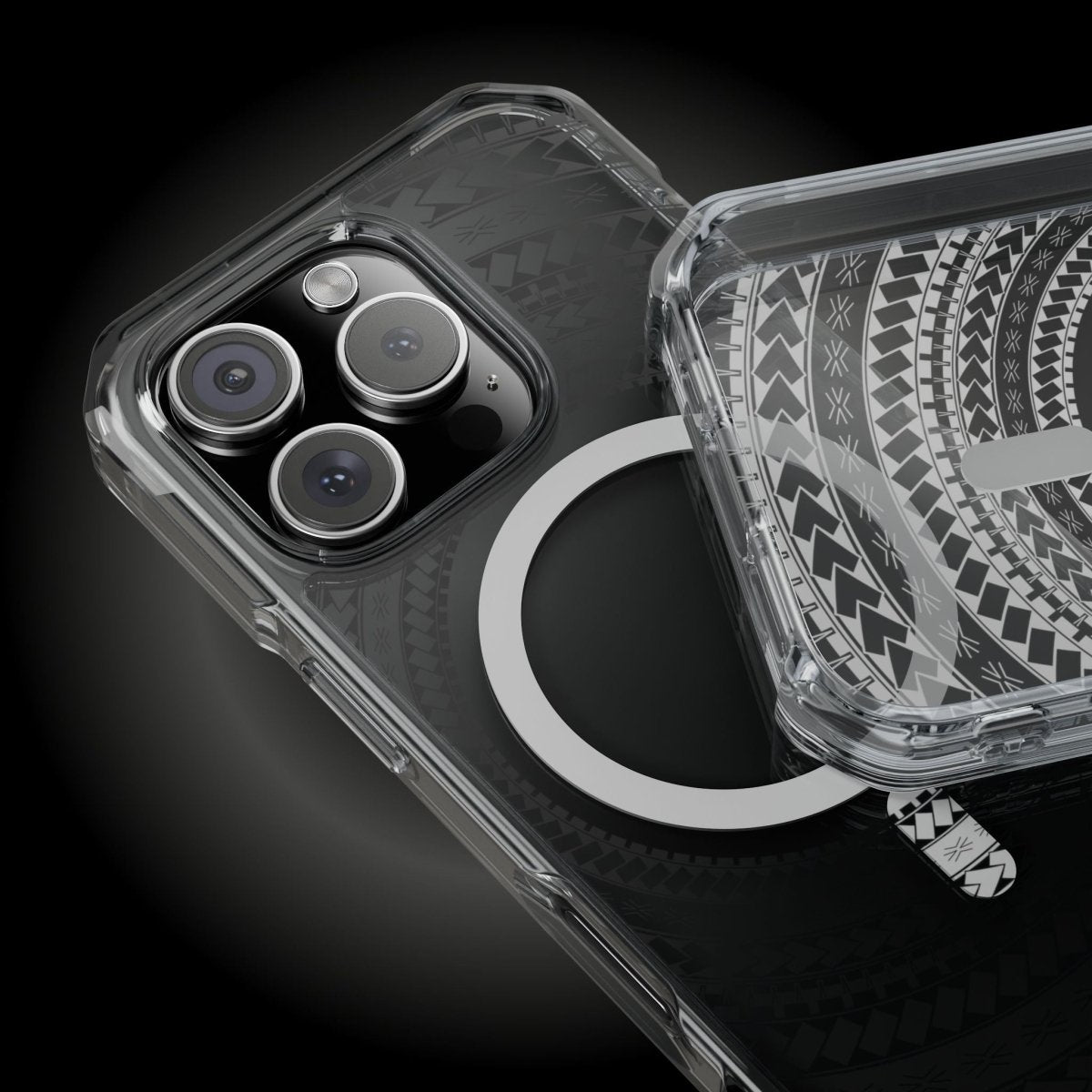 WOYC PasifikaOne MagSafe clear case for iPhone 16 in Samoan Black, transparent design, compatible with AU, NZ, and US regions.