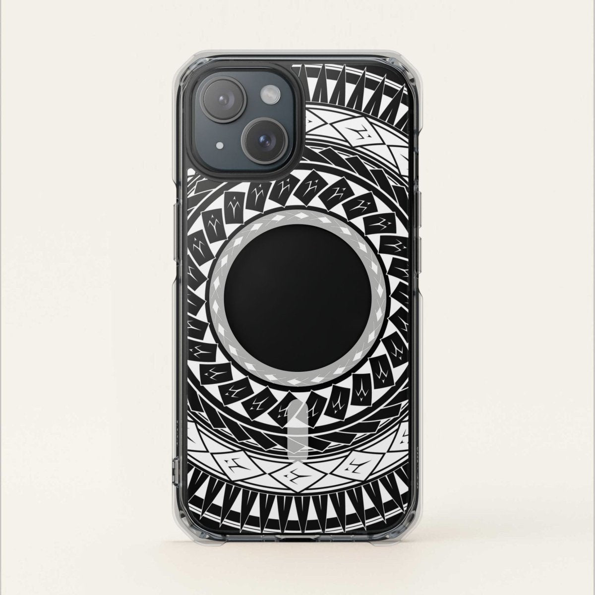 WOYC PasifikaOne MagSafe clear case for iPhone 16 featuring Samoan spear design, durable transparent Magsafe phone case.