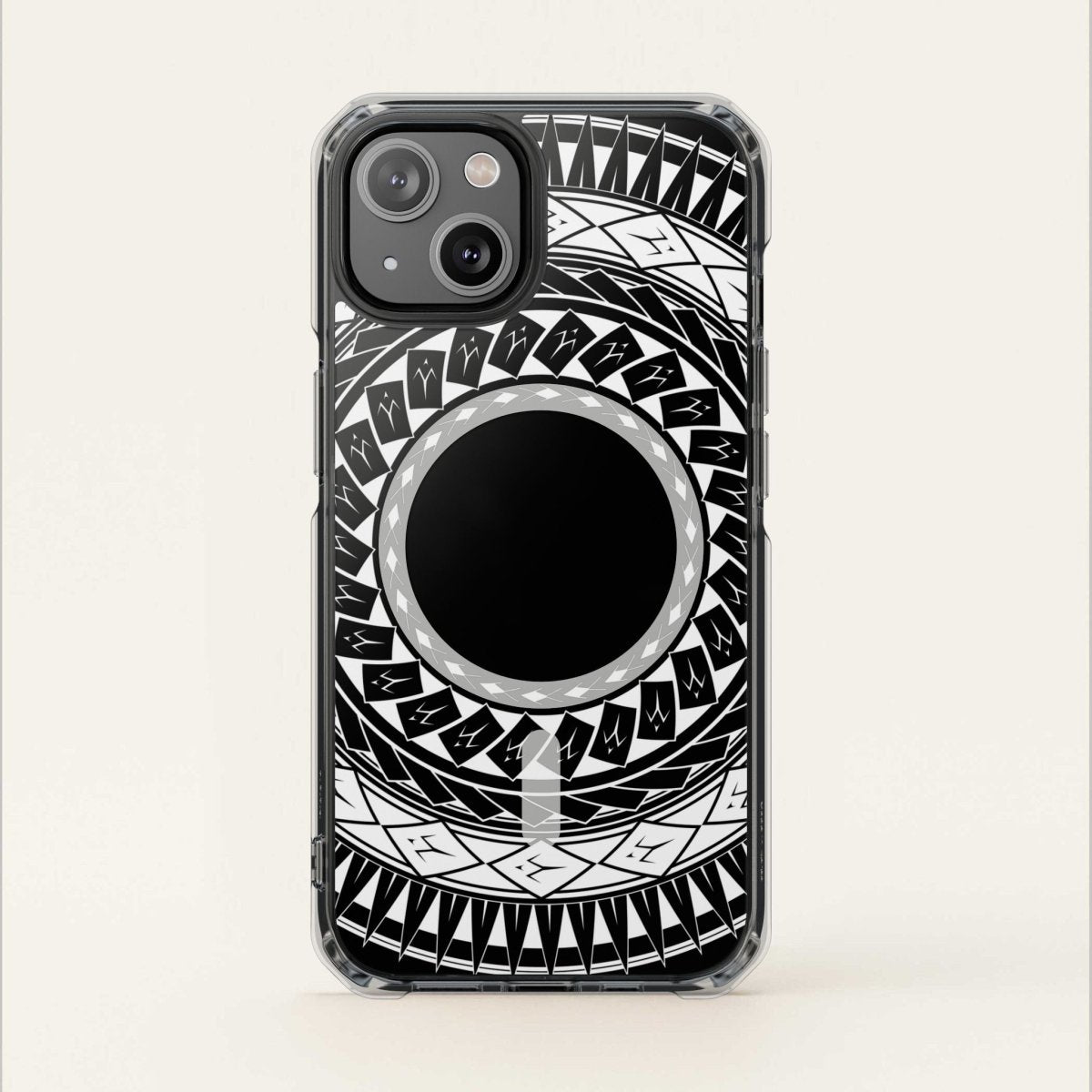 PasifikaOne MagSafe clear case for iPhone 16 with Samoan spear design, transparent protective Magsafe case.