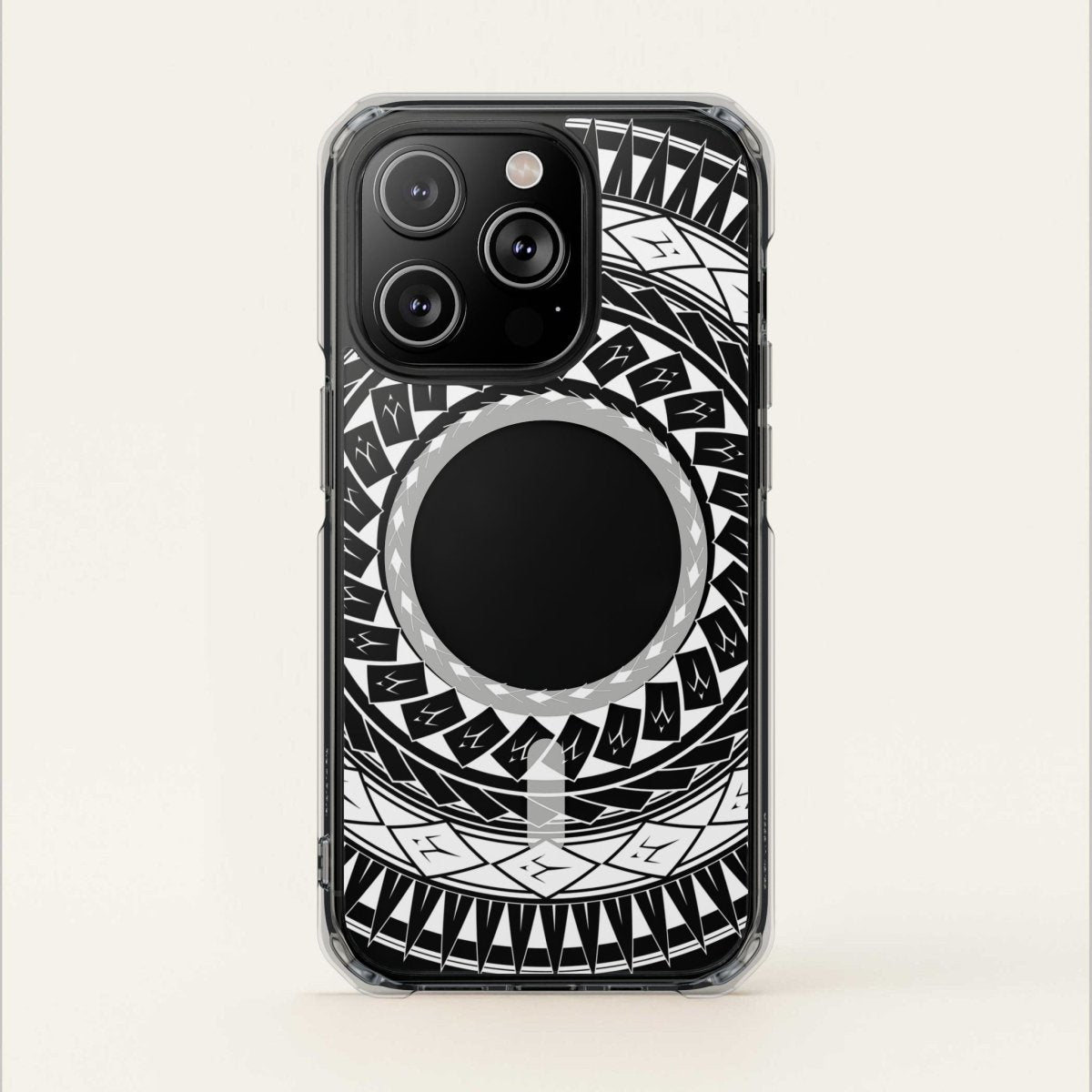 PasifikaOne MagSafe clear case for iPhone 16 featuring Samoan spear design, transparent protective Magsafe case.