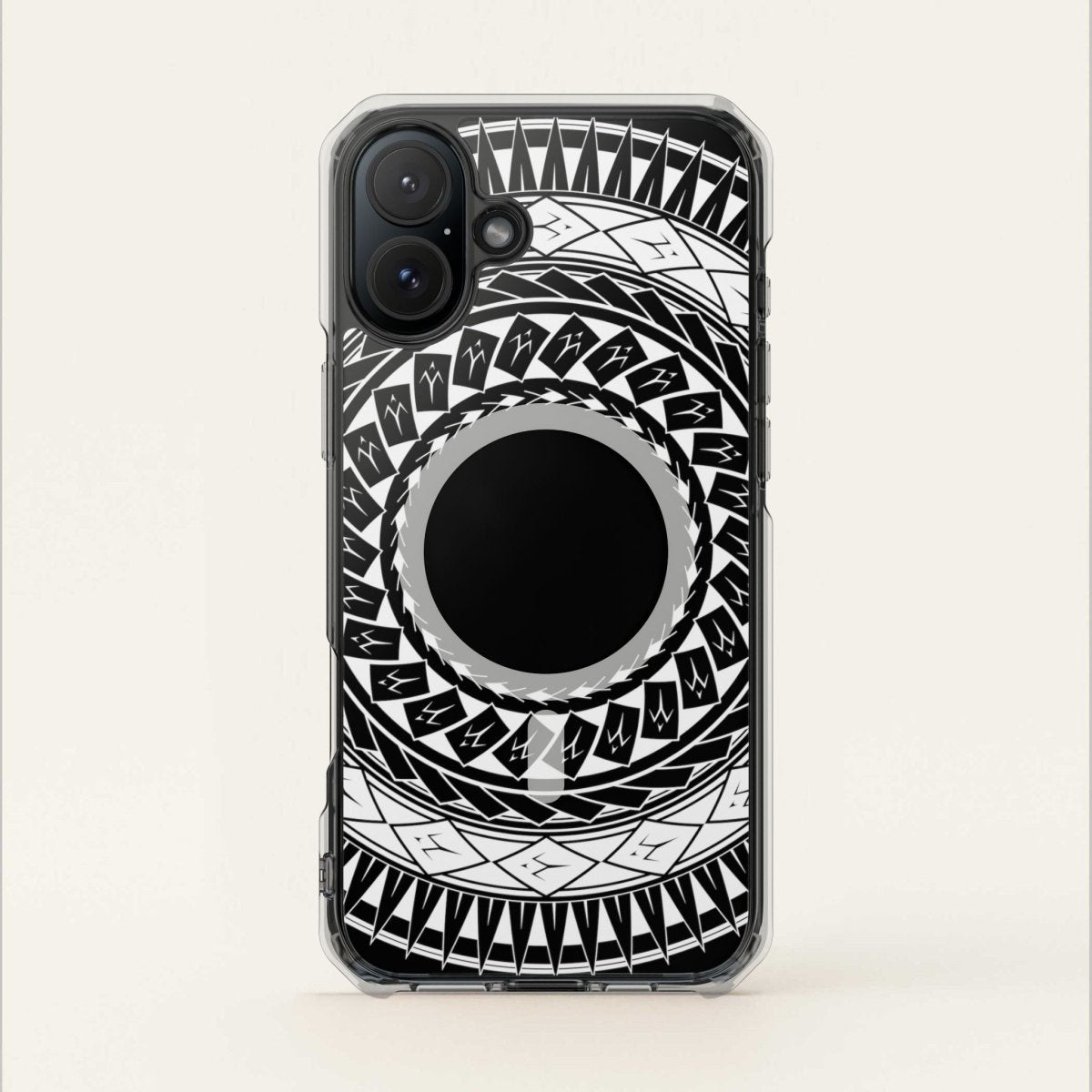 PasifikaOne MagSafe clear case for iPhone 16 featuring Samoan spear design, transparent protective Magsafe cover.