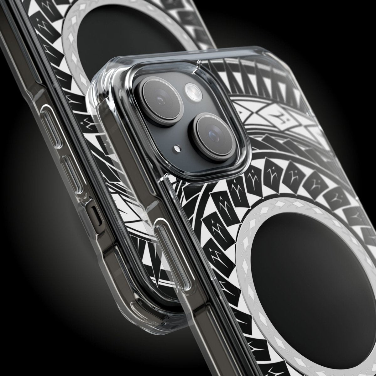 PasifikaOne MagSafe clear case for iPhone 16 with Samoan spear design, featuring transparent protective cover.
