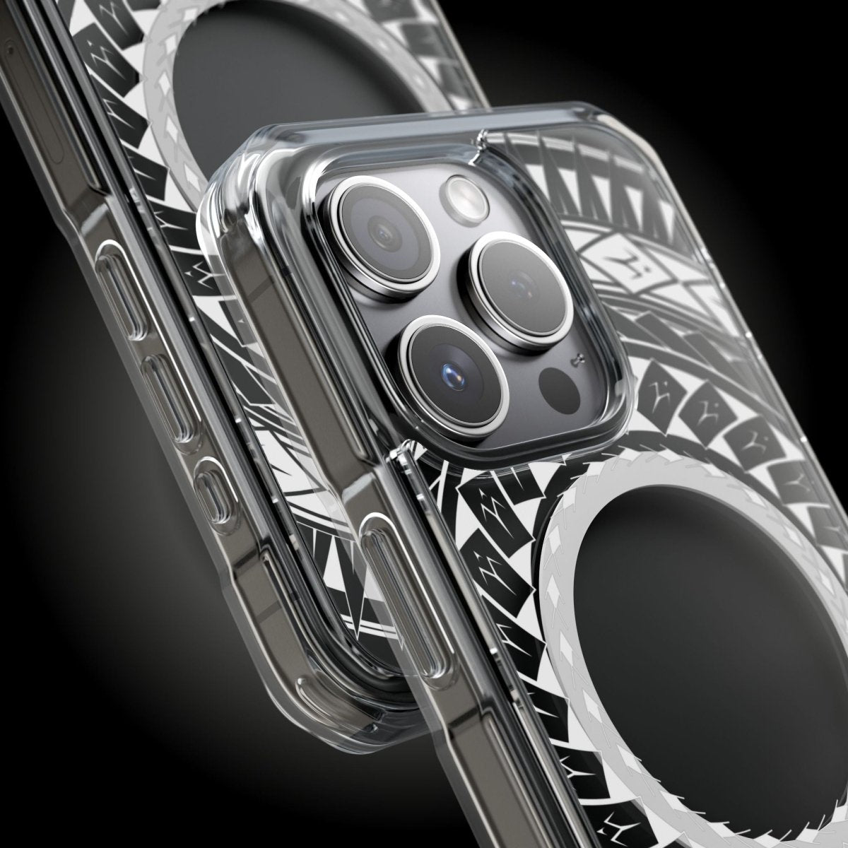 WOYC PasifikaOne MagSafe clear case for iPhone 16 with Samoan spear design, compatible with AU, NZ, and USA regions.