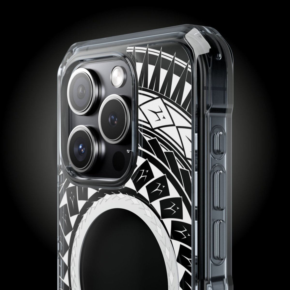PasifikaOne MagSafe clear case for iPhone 16 featuring Samoan spear design, transparent protective Magsafe case.