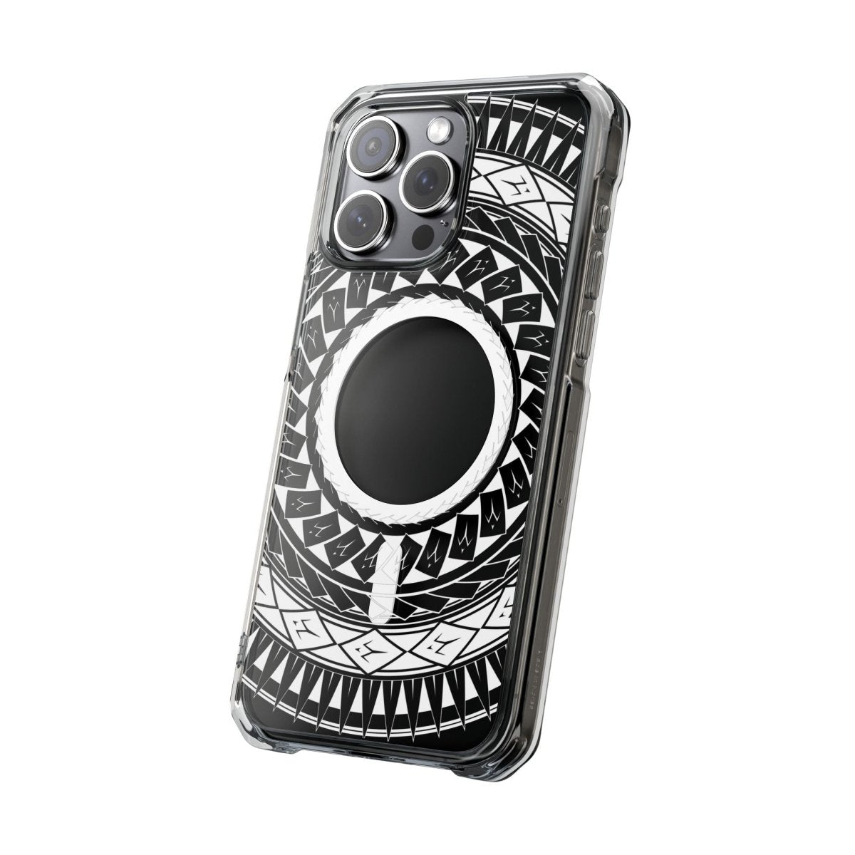 PasifikaOne MagSafe iPhone clear case featuring a Samoan spear design, compatible with iPhone 16, AU/NZ/USA editions.