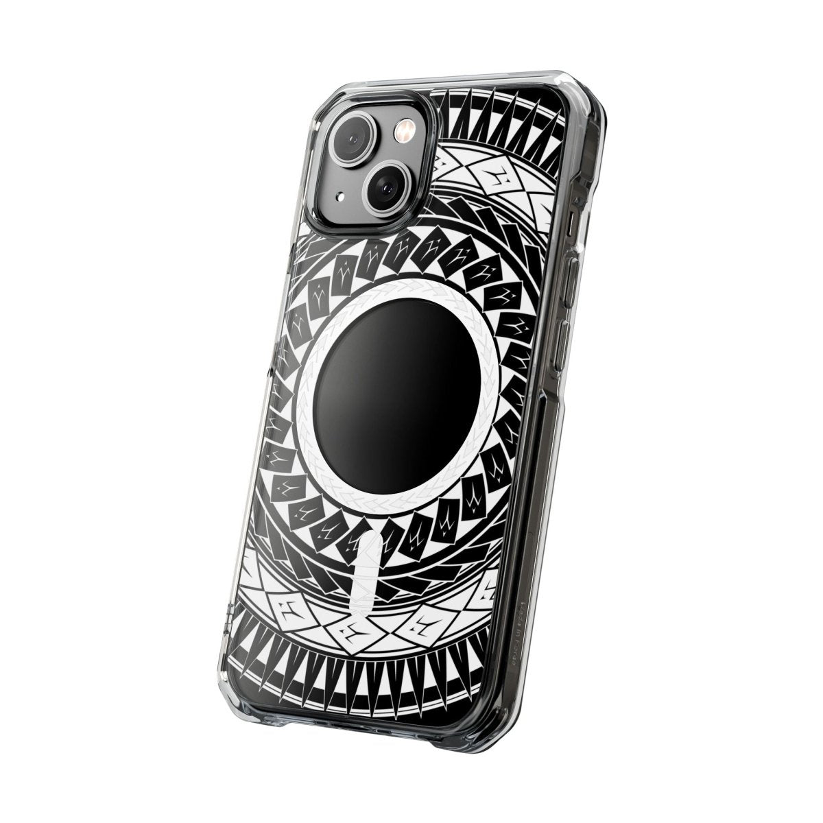 PasifikaOne MagSafe clear case for iPhone 16 featuring Samoan spear design, transparent protective Magsafe case.