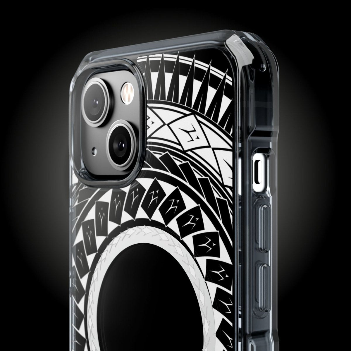 WOYC PasifikaOne MagSafe clear case for iPhone 16 featuring Samoan spear design, transparent protective phone case.