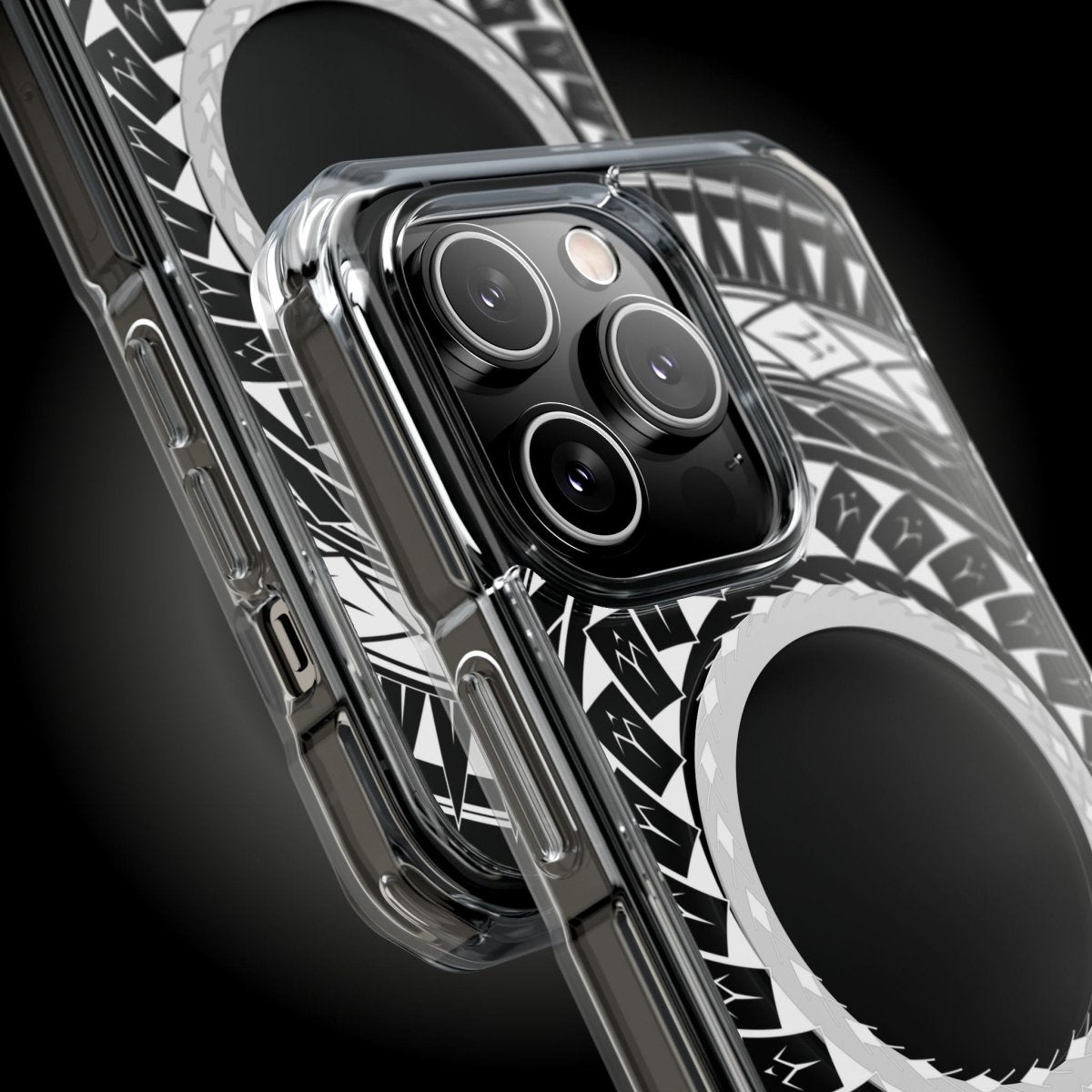 WOYC PasifikaOne MagSafe clear case for iPhone 16 with Samoan spear design, showcasing transparent protection and cultural artwork.