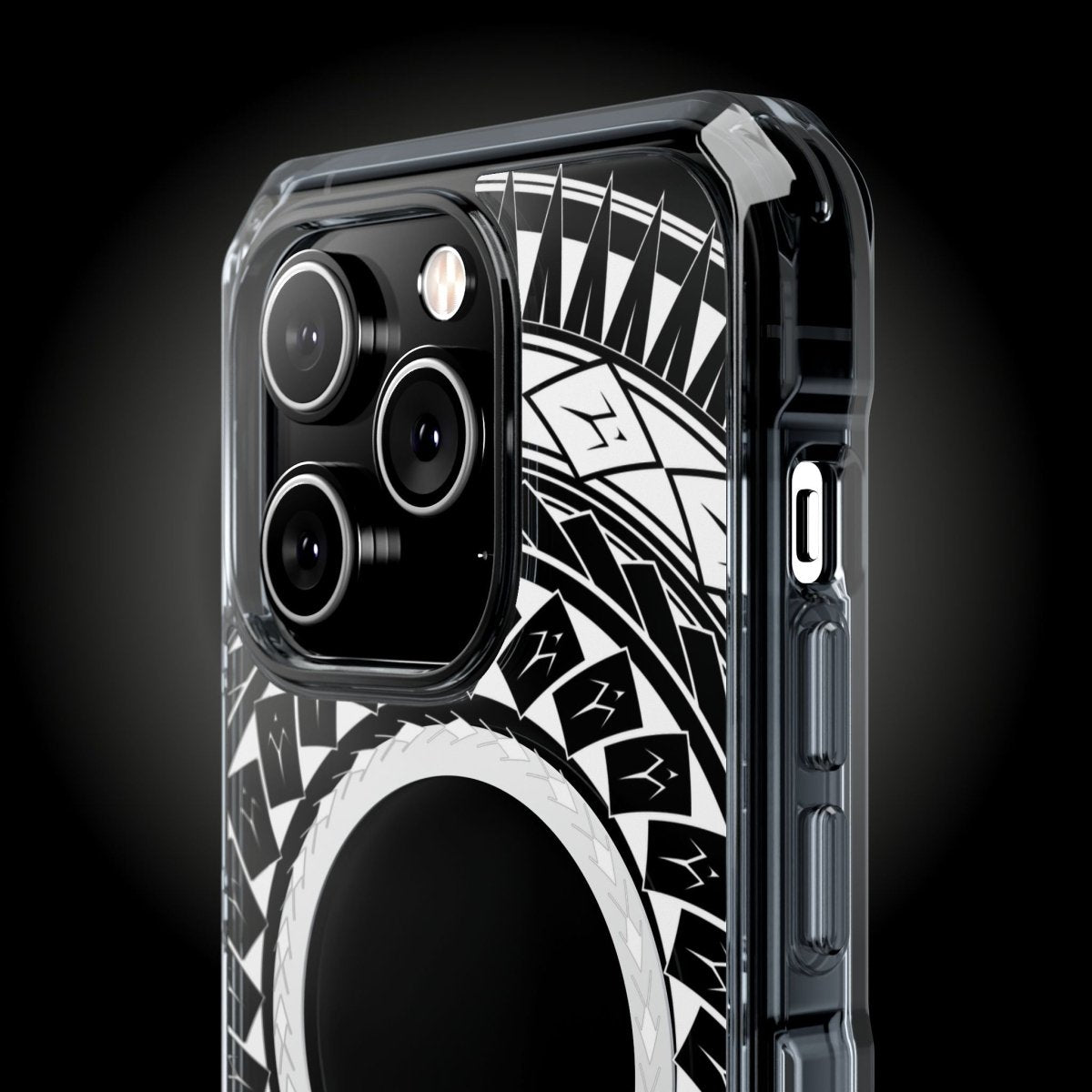 WOYC PasifikaOne MagSafe clear case for iPhone 16 with Samoan spear design, transparent and protective for AU, NZ, and USA.