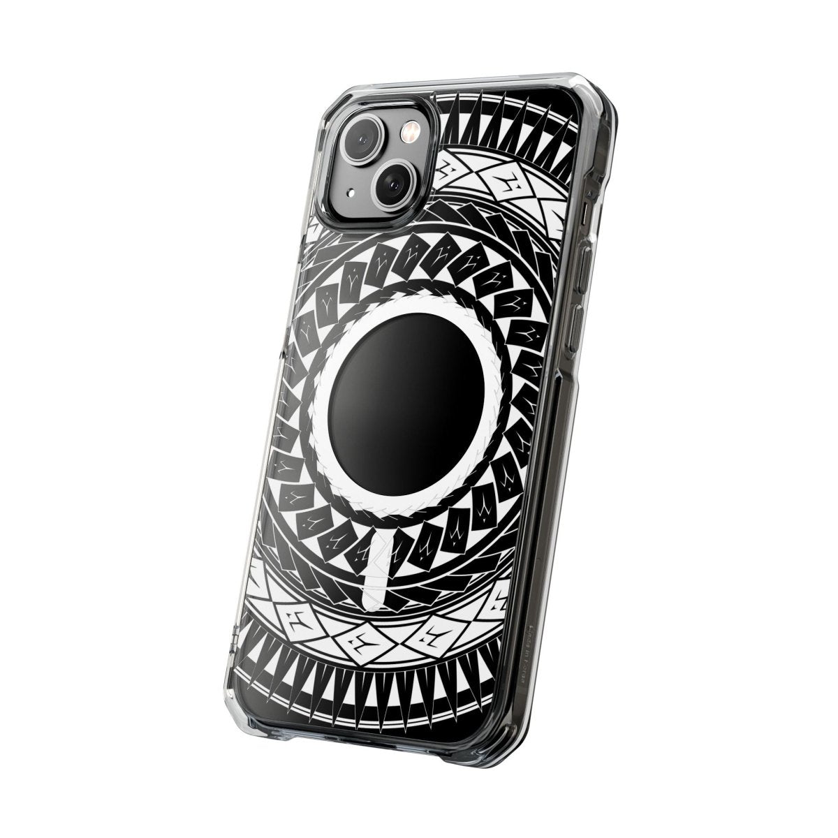 WOYC PasifikaOne MagSafe clear case for iPhone 16 featuring Samoan spear design, durable transparent protective cover.
