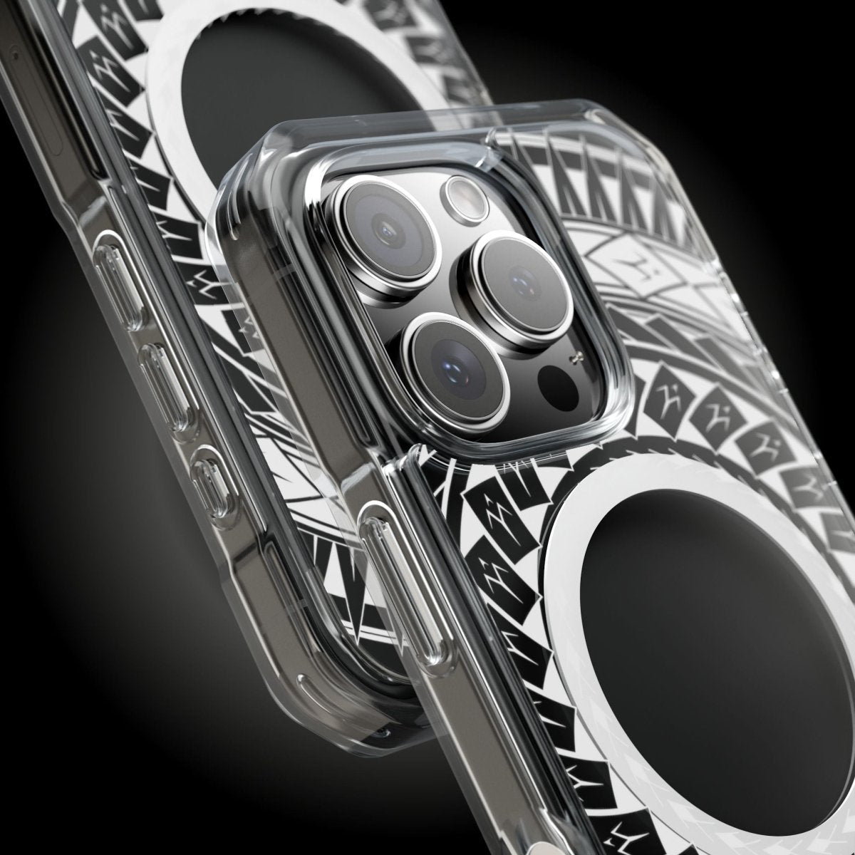 WOYC PasifikaOne MagSafe clear case for iPhone 16 featuring Samoan spear design, transparent protective Magsafe case.